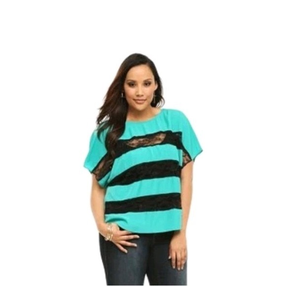 TORRID Plus Size 2X Green Black Lace Striped Blouse Beach Coastal Comfort Casual - Picture 1 of 6